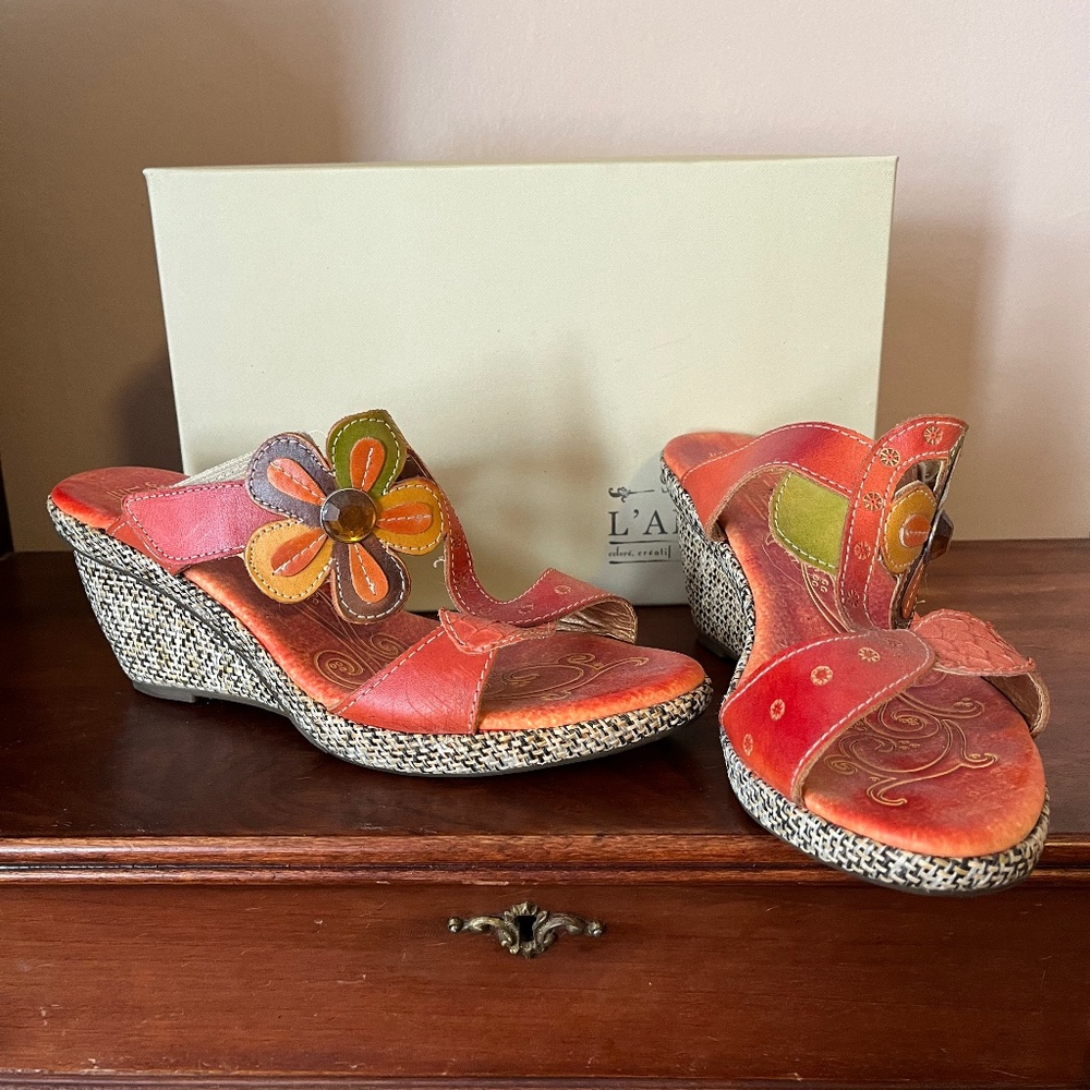 Spring Step L'Artiste Riviera hand painted wedge sandals Sz 39 (8.5)